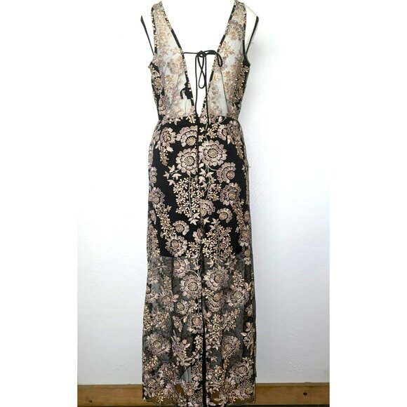 Soieblu Black & Pink/Gold Floral Embroidered Maxi Dress L - Picture 3 of 10
